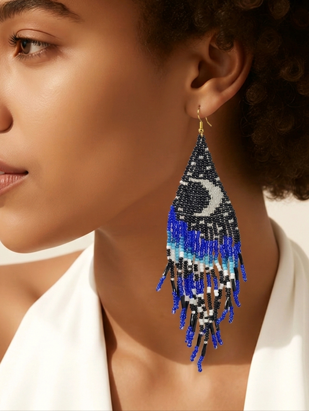 Celestial Beaded Fringe Earrings Moon Stars Night Sky Chandelier Dreamy Festival